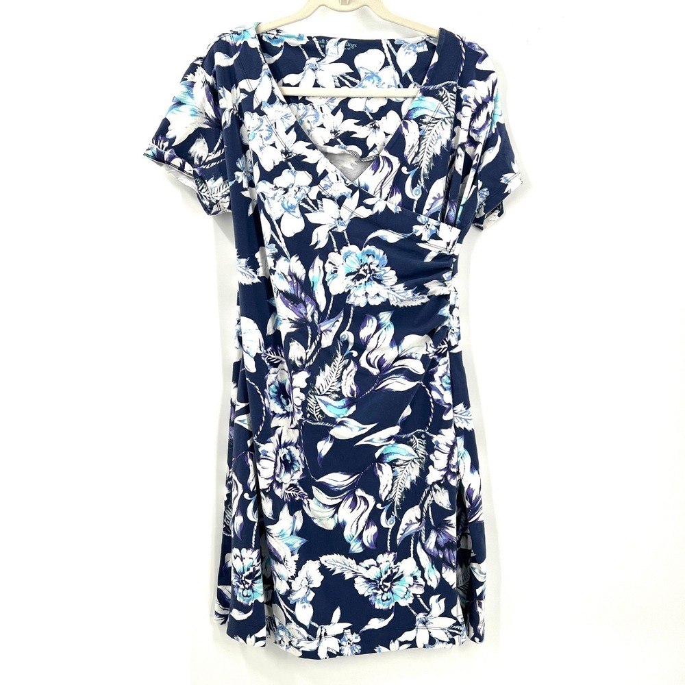 Soft Surroundings Shapely Anywhere Dress blue floral faux wrap stretch M petite‎
